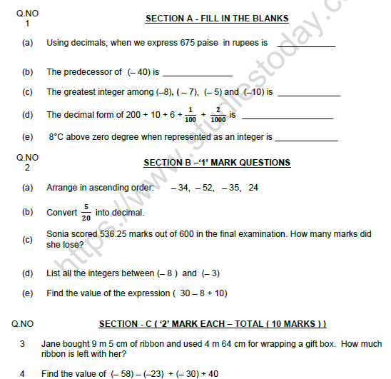 Mathematics Class 6 Printable Worksheets